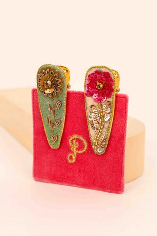 Jeweled Zinnia Hair Clips - Bubblegum/Sage