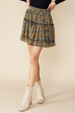Floral Print Ruffle Mini Skirt with Lining - Navy/Mustard -