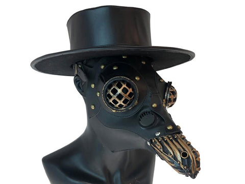 Plague Dr. with Goggles Mask - Black Leather/Gold