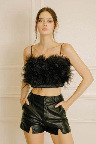 Feathered and Satin Crop Top - Black -
