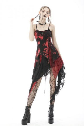 Irregular Net Dye Strap Dress - Red/Black -