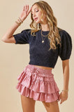 Cropped Puff Sleeve Sweater Top - Black -