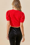 Cropped Puff Sleeve Sweater Top - Red -