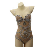 Studded Rhinestone Mesh Bodysuit - Silver/Nude -