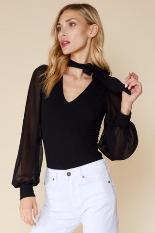 V-Neck Bodysuit with Chiffon Sleeves and Neck Tie - Black -