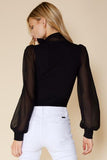 V-Neck Bodysuit with Chiffon Sleeves and Neck Tie - Black -