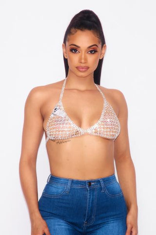 Rhinestone Jewel Halter Top - Silver -