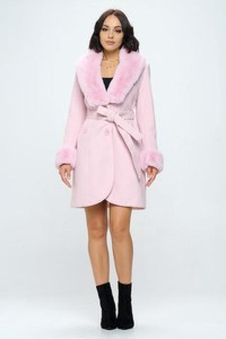 Vegan Wool Trench Coat with Belt Overlay - Pink -