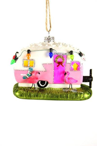 Glass Flamingo Camper Ornament