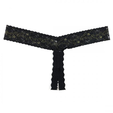 Night Fever Plus Open Thong - Black/Gold - One Size