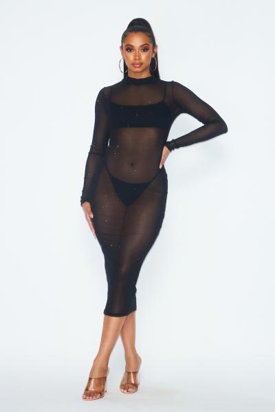 Alexis Glitter Detail Sheer Mesh Midi Dress Black BB Store