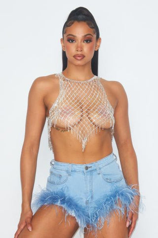 Speechless Rhinestone Jewel Halter Bra Crop Top - Silver -
