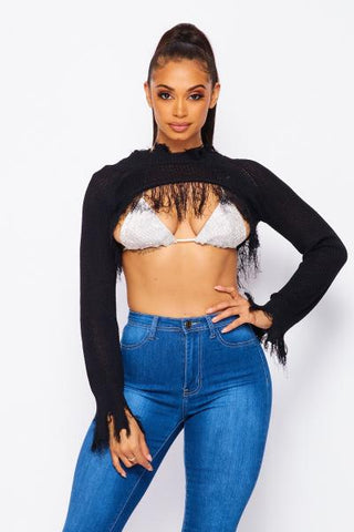 Catch a Glimpse Distressed Frayed Micro Crop Top - Black -
