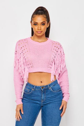 Secret Admirer Fringe Cropped Sweater - Pink -