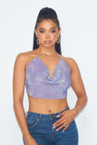 Ruby Metallic Rhinestone Cowl Halter Neck Crop Top - Lavender -