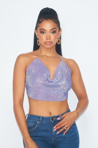 Ruby Metallic Rhinestone Cowl Halter Neck Crop Top - Lavender -