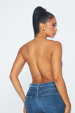 Ruby Metallic Rhinestone Cowl Halter Neck Crop Top - Lavender -