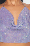 Ruby Metallic Rhinestone Cowl Halter Neck Crop Top - Lavender -