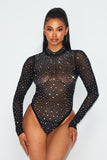 Rhinestone Mesh Bodysuit - Black -