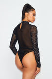 Rhinestone Mesh Bodysuit - Black -