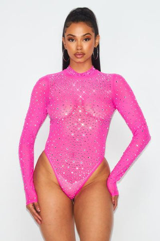 Rhinestone Mesh Bodysuit - Pink -