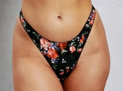 Lace High Leg Thong - Black Floral -