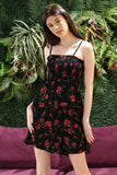Smocked Bodice Circle Skirt Dress - Black -