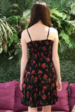 Smocked Bodice Circle Skirt Dress - Black -