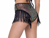 Sequin Fishnet High Waisted Shorts with Fringe Detail - Black -