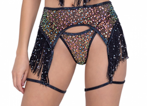 Sequin Fishnet Garter Belt with Fringe Detail & Attached Wrap Around Garter Strap - Black -