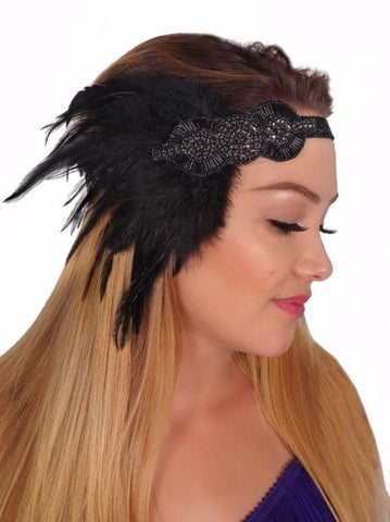 Beaded Feather Flapper Headband - Black