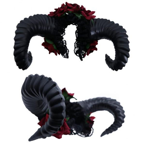 Large Devil Horn Headband with Red Roses - Black