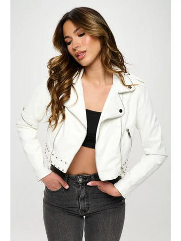 Vegan Leather Stud Moto Jacket - White -