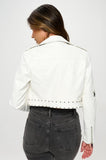Vegan Leather Stud Moto Jacket - White -