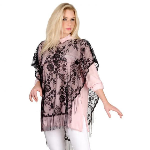 Halloween Lace Fringe Poncho - Black - One Size