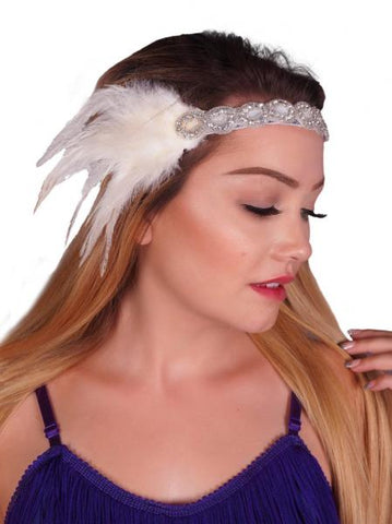 Flapper Beaded Headband - White/Silver