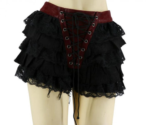 Tiered Laced Ruffle Shorts - Red -
