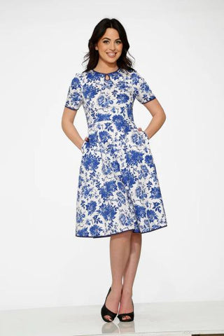 Floral Dress with Pockets - White/Blue -