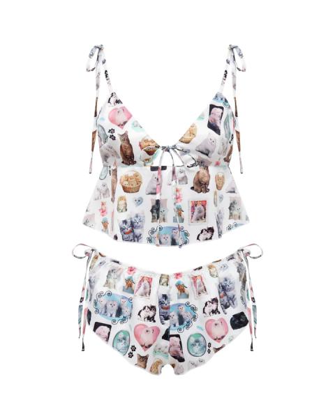 Ashley Williams Kitten Print Satin Crop Cami & Short Set - White