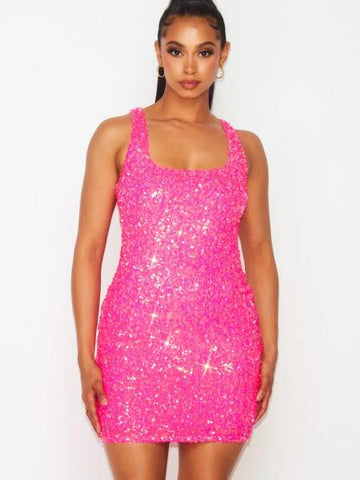 Sequin Sleeveless Bodycon Mini Dress - Pink -