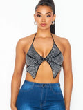 Butterfly Rhinestone Halter Crop Top - Black -