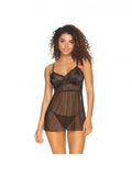Heat Satin and Lace Babydoll and G-String - Black -