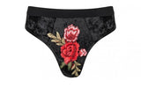 High Waist Bikini - Black Embroidered Appliques -