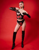 High Waist Bikini - Black Embroidered Appliques -