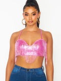 Giselle Metallic Sequin Fringe Pu Crop Bra Top - Pink -