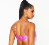 Giselle Metallic Sequin Fringe Pu Crop Bra Top - Pink -