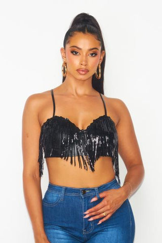 Giselle Metallic Sequin Fringe Pu Crop Bra Top - Black -