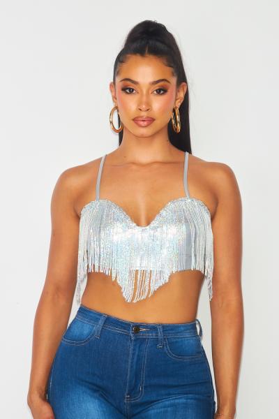 Giselle Metallic Sequin Fringe Pu Crop Bra Top - Silver 